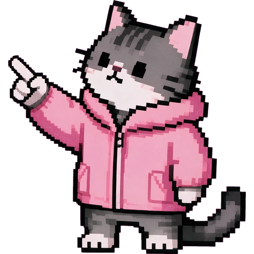 A pixel-art cat in a pink padded coat.