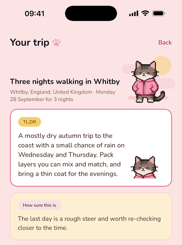 A packing brief for three nights walking in Whitby, with three of ten items
            ticked off.